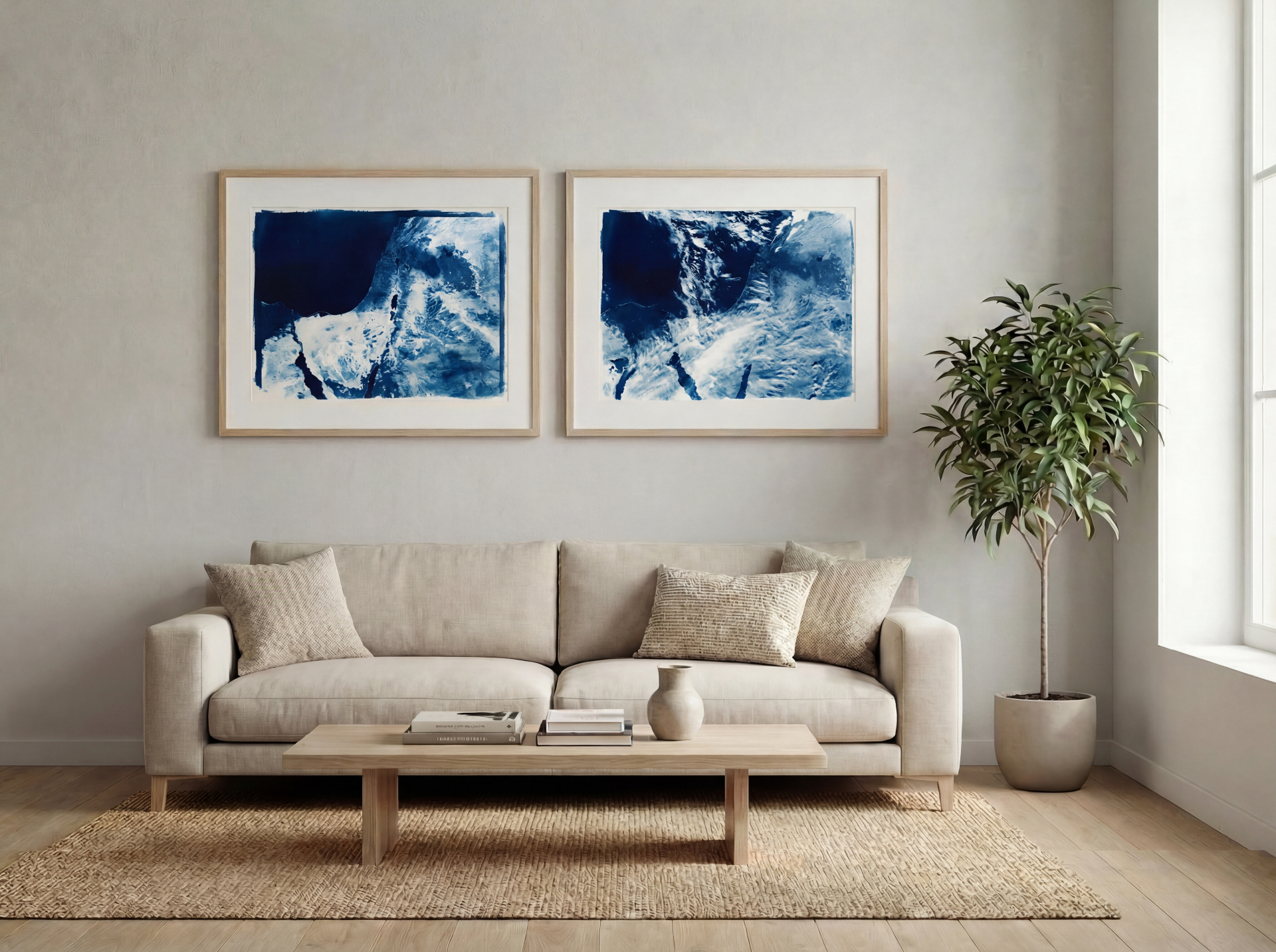 Two framed cyanotypes hung above a linen sofa in a sunlit room